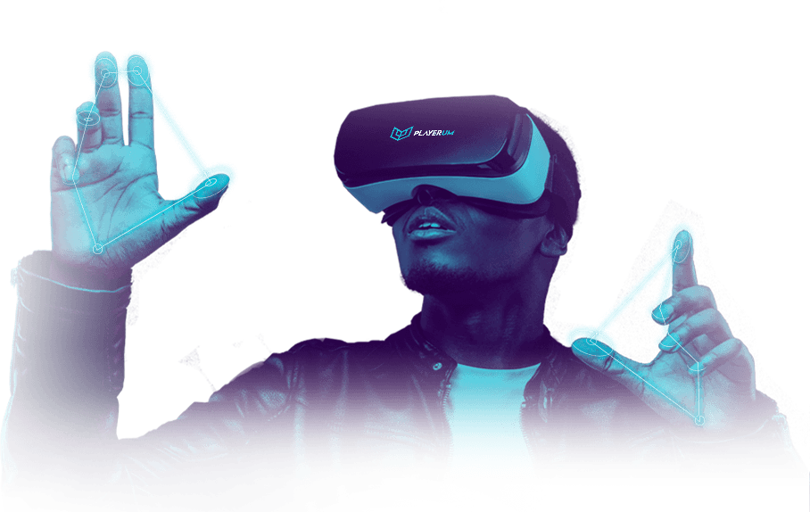 Rapaz interagindo com bolhas em seu dispositivo de realidade virtual
